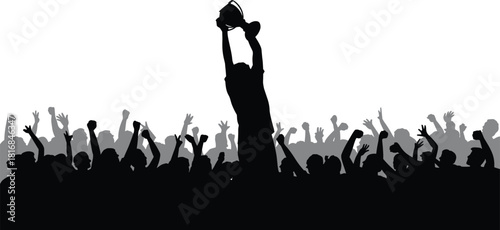 Victorious champion lifting trophy above cheering crowd silhouette, celebrating success, achievement, teamwork, and triumph during a high-energy sports or competitive event.
