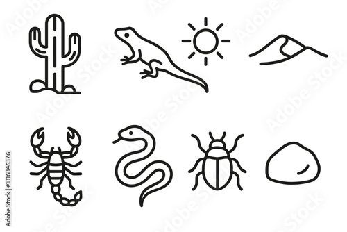 Desert Wildlife Icons. Desert Wildlife linear icon set. cactus, lizard, scorpion, snake, sand dune, sun icon, beetle, rock