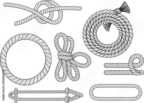 Vintage engraved nautical rope knots and coiled loops vector illustration set isolated on white background for marine sailing or pirate themed design elements