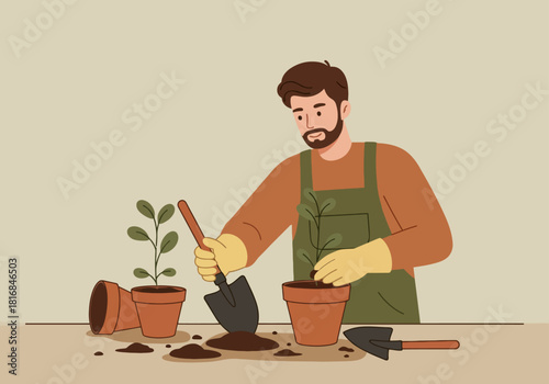 Flat vector illustration of a man gardening indoors, using a trowel to plant a seedling into a terracotta pot. Concept of home hobby, spring planting, and sustainable growth.