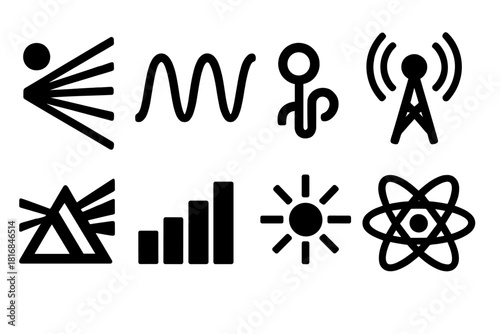 Electromagnetic Icons Display. Electromagnetic Radiation silhouette icon set. light beam, wave pattern, antenna, signal tower, prism, spectrum, photon, atom.