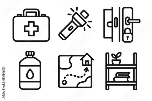 Emergency Preparedness Icons. Home Resilience Planning linear icon set: emergency kit, backup light, secure latch, water reserve, safe route map, sturdy shelf