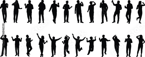 Vector silhouette set of people standing and drinking coffee or alcohol at a party or social gathering isolated on white background for event flyer design.