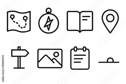 Adventure Icons Collection. Travel Log linear icon set: route map, compass point, journal page, location pin, trail marker, photo icon, trip note, horizon dot
