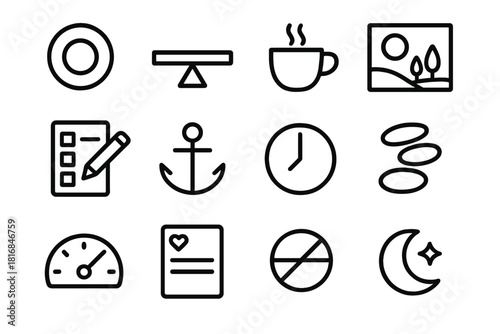Intentional Living Icons. Intentional Living Elements linear icon set: morning clarity orb, routine balance bar, mindful sip cup, calm environment symbol, thoughtful planning tile