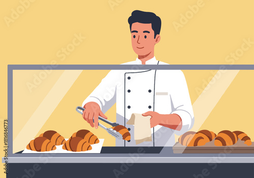Professional Baker Serving Fresh Croissants Behind Bakery Display Counter. Flat Vector Illustration of Male Chef Working in Food Service and Pastry Shop Business.