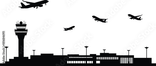 Black silhouette vector illustration of airport terminal with control tower and planes flying in sky isolated on white background for aviation travel transport design.