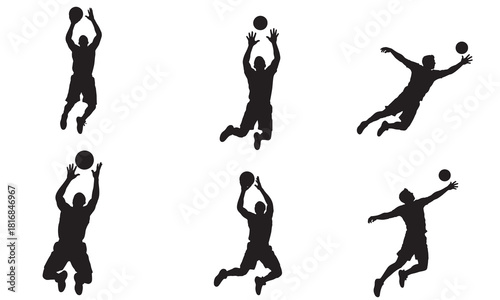 Collection of dynamic basketball player silhouettes in action poses silhouette