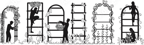 Black silhouette vector set of people gardening with trellises arches and ladders covered in vines and flowers isolated on white background design