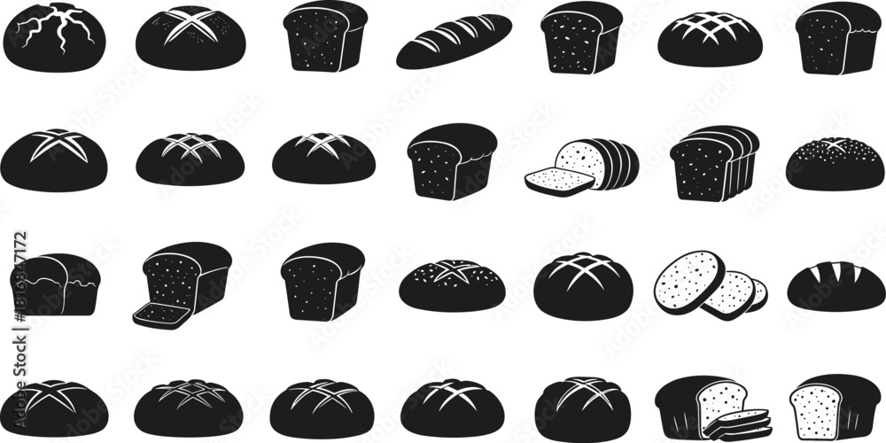 Fototapeta premium bread silhouettes containing loaves buns and baguettes isolated on white background for bakery menu design and food vector illustration branding elements