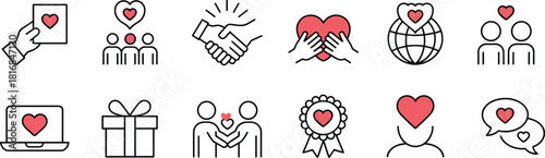 Charity and compassion icon set featuring heart symbols, volunteer support, kindness gestures, global love, appreciation, community care, donation concepts, and positive connection illustrations.