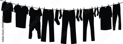Clothes hanging on a laundry line silhouette, featuring shirts, pants, socks, and garments, creating a simple vector illustration for washing, drying, household chores, and cleaning themes.