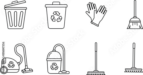 Cleaning tools and recycling bin icons in simple outlined vector style, featuring gloves, mops, vacuums, trash containers, environmental symbols, and household maintenance equipment illustrations.