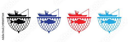Fishing boat and fish in net icons in four different colors: black, blue, red, and light blue, on a white background.