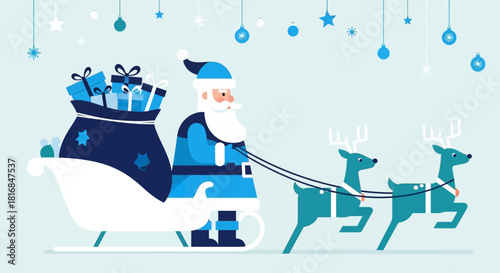 Santa Claus rides his sleigh pulled by reindeer, delivering presents during the festive holiday season