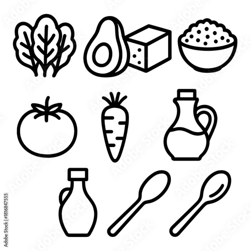 Plant-Based Icons. Plant-Based Meals linear icon set: leafy greens, avocado, tofu block, quinoa bowl, tomato, carrot, olive oil bottle, wooden spoon