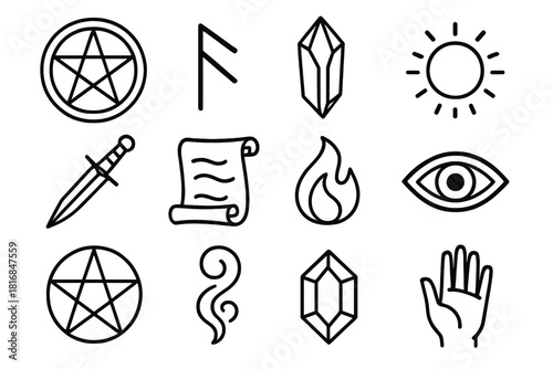 Mystical Icon Array. Arcane symbols linear icon set: magic circle, rune, crystal, glowing orb, dagger, parchment, flame, eye symbol, pentagram, smoke swirl, gemstone, hand