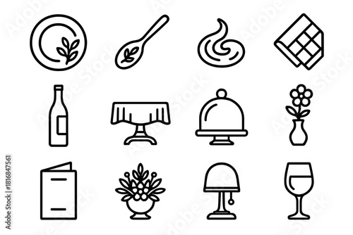 Elegant Table Setting. Restaurant presentation linear icon set: white plate, garnish sprig, tasting spoon, sauce swirl, cloth napkin, wine bottle, centerpiece, glass dome, elegant