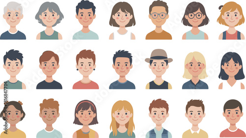 Collection of diverse people avatars featuring men women and children faces with smiles vector illustration isolated on white background for social media user profile icons.