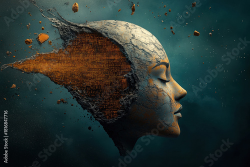 Futuristic concept of cyborg woman's face exploding with fragmenting data elements in space