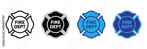 Collection of maltese cross emblems, symbolizing the fire department with 'fire dept' text, presented in black, white, and blue variations.