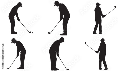Multiple golf player silhouettes demonstrating different swing poses and an adobe illustrator icon