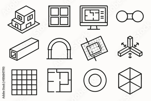 Modern Architectural Icons. Modern Structural Concepts linear icon set: architectural model, modular frame, digital blueprint, connection point, hollow beam, support arch, CAD
