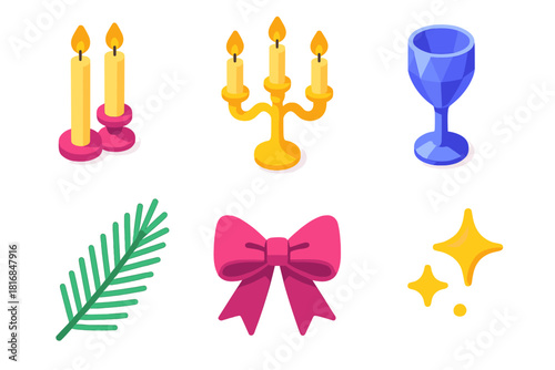 Sophisticated Candle Icons. Sophisticated Glow flat icons set. taper candles, candelabra, crystal glass, pine sprig, bow, shimmer