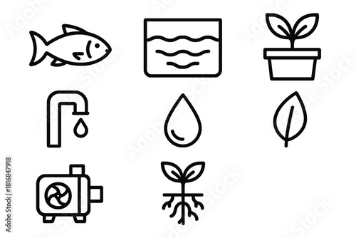 Aquaponics Icons Set. Aquaponics System linear icon set. fish, water tank, plant, pipe, droplet, leaf, pump, roots.