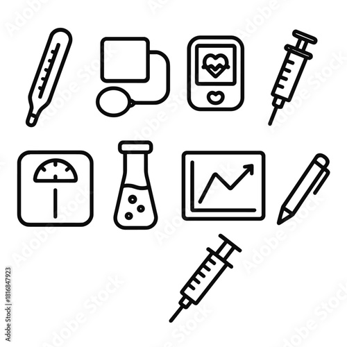 Healthcare Icons Collection. Health Assessment linear icon set: thermometer, blood pressure cuff, pulse monitor, syringe, scale, test tube, chart, pen