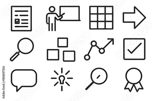 Teaching Icons Set. Teaching & Instruction Models linear icon set: lesson plan sheet, instructor figure, structured grid, guided arrow, clarity lens, concept blocks, learning path