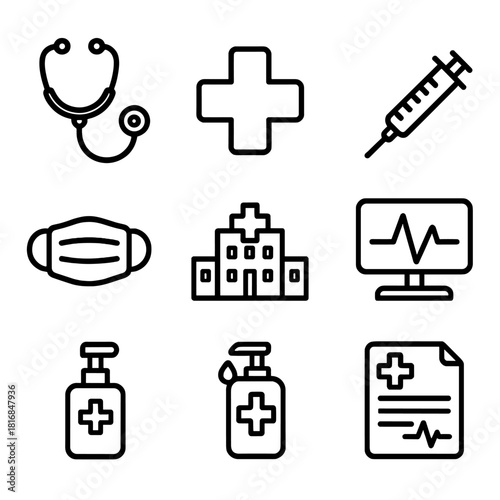 Essential Health Icons. Public Health Set linear icon set: stethoscope, medical cross, vaccine syringe, heart rate monitor, face mask, hospital building, hand sanitizer, health