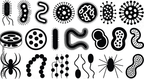Collection of microorganism silhouettes including bacteria, viruses, microbes, cells, and laboratory shapes ideal for science designs, biology illustrations, medical graphics, and research projects.