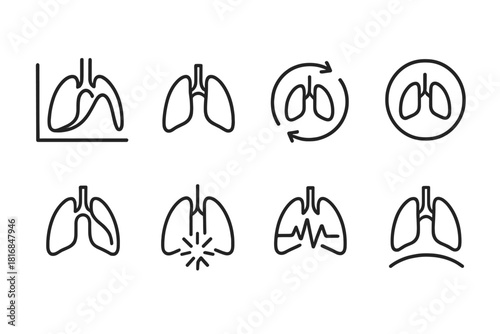 Pulmonary Wellness Symbols. Pulmonary Wellness Practices Concepts linear icon set: lung capacity curve, resilience loop, renewal arrow, balance circle, harmony curve, vitality