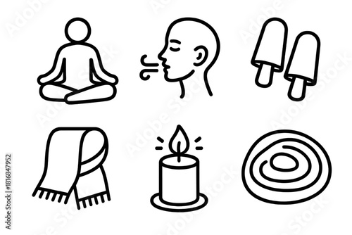 Serene Meditation Icons. Quiet Practices linear icon set: meditation pose, breathing icon, earplugs, soft scarf, calm candle, gentle sand pattern