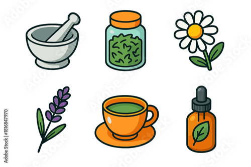 Herbal Remedy Icons. Herbal Remedies flat icon set: mortar and pestle, dried herbs jar, chamomile flower, lavender sprig, herbal tea cup, leaf dropper bottle