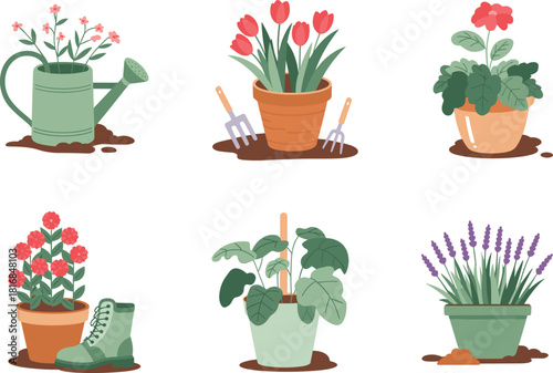 colorful gardening illustrations featuring potted plants flowers watering can and tools isolated on white background for spring nature design projects vector art.