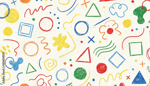 Funky crayon drawn geometric shapes and lines. Colorful pencil or chalk drawn naive Swiss design aesthetic. Basic geometric shapes, dots, playful pattern, primitive forms and figures