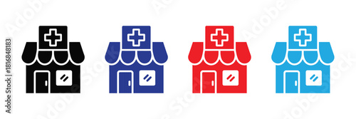 Set of four flat vector icons depicting pharmacy storefronts in black, blue, red, and light blue with white cross symbols.
