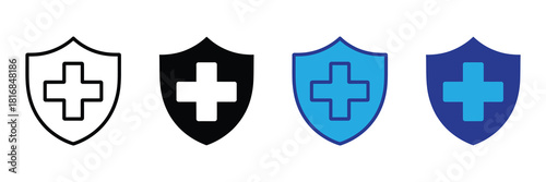 Collection of four shield icons with medical cross symbol, representing healthcare, security, and protection in various styles and colors, isolated on white.