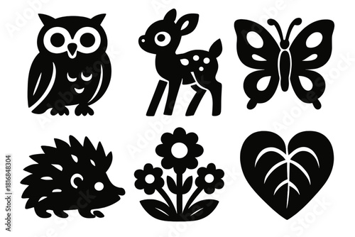 Charming Wildlife Icons. Charming Wildlife silhouette icon set : owl, deer fawn, hedgehog, butterfly, flower patch, heart leaf