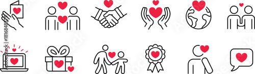 Compassion and kindness icon set featuring heart symbols, charity support, global love, volunteer care, community connection, emotional giving, and positive relationship illustrations for design.