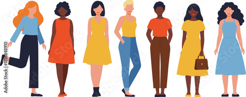 Diverse women standing in stylish outfits, modern flat vector illustration showing different fashion looks, body types, poses, clothing styles, and contemporary character design elements.