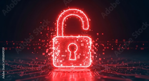 Glowing red, open digital padlock, vulnerable, disintegrating into particles on dark, futuristic circuit board, symbolizing cybersecurity breach, data vulnerability, or system compromise