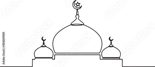 Minimalist islamic mosque dome silhouette with crescent moon and star symbol isolated on transparent background