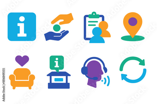 Minimalistic Vibrant Icons. Community Mini Services flat icon set: info tile, task handoff icon, shared clipboard, guidance dot, resource loop, comfort symbol, micro station