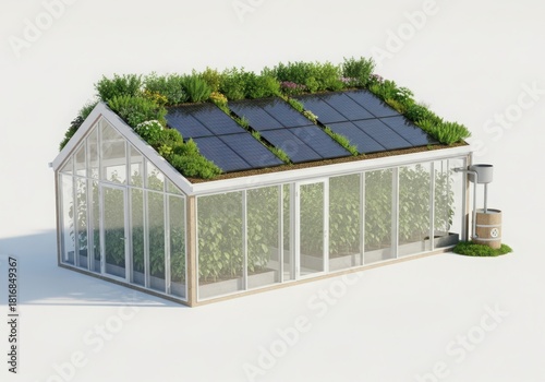 Sustainable greenhouse with solar panels and living roof design