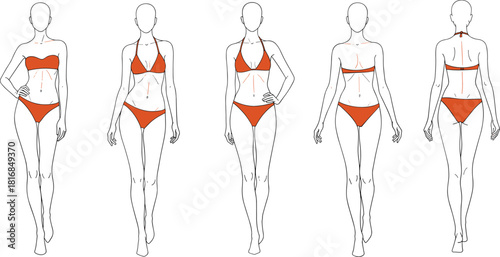 Female fashion figure templates in bikini front and back views, minimalist line art vector models for illustration reference, clothing design, body proportions, and pose drawing.