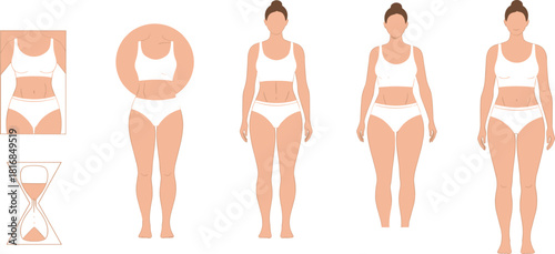 Flat vector illustration set showing female body types with hourglass symbol and women in white underwear isolated on white background for fitness and health.