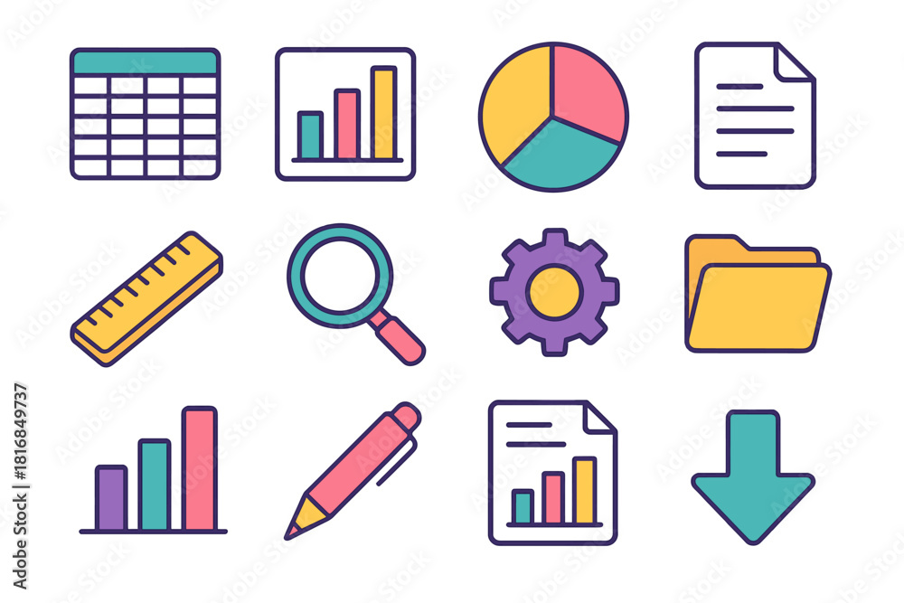 custom made wallpaper toronto digitalIsometric Data Insights Icons. Statistical data insights flat icon set: spreadsheet, chart, pie graph, document, ruler, magnifying glass, gear, folder, bar chart, pen, report